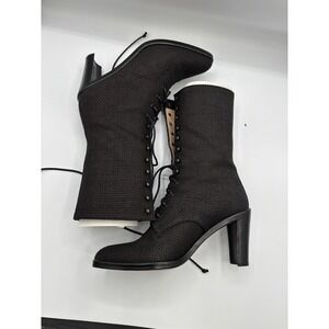 Walter Steiger Lace Up Canvas Black Boots Block Heel 36.5 Italian Made Combat